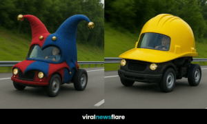 A collage of five uniquely designed hat cars including baseball cap, construction helmet, cowboy hat, jester hat, and police hat, all being driven on the road.