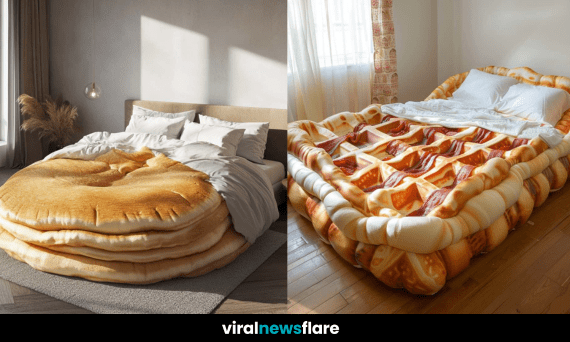 A cosy bed designed to look like a delicious breakfast, featuring realistic food-inspired bedding.