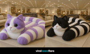 Three giant striped cat beds—black and white, pink, and purple—displayed in a well-lit contemporary furniture showroom.