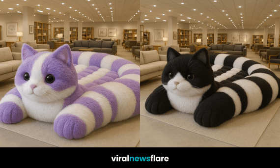 Three giant striped cat beds—black and white, pink, and purple—displayed in a well-lit contemporary furniture showroom.