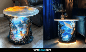 A stunning fantasy-themed table featuring an angelic design, glowing LED lights, and a celestial landscape.