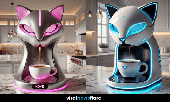 A sleek, futuristic cat-shaped coffee machine with glowing LED lights, brewing a fresh cup of coffee in a modern kitchen