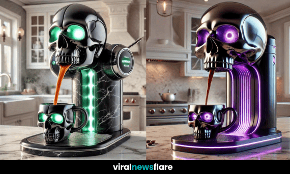 Futuristic skull coffee machine with glowing LED eyes and a matching skull mug, brewing fresh coffee in a modern kitchen
