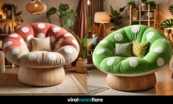 A plush, polka-dotted mushroom chair in a beautifully decorated cosy living space