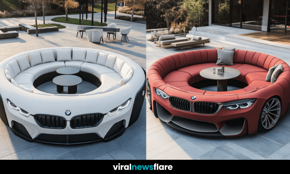 A modern BMW-inspired circular sofa with plush white cushions set in a stylish outdoor lounge.