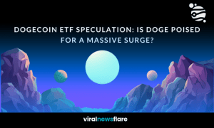Futuristic digital landscape with planets and a glowing moon, featuring the headline 'Dogecoin ETF Speculation: Is DOGE Poised for a Massive Surge?' with Viral News Flare branding