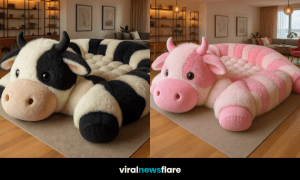 A collage of four oversized cow plush sofas in brown, purple, pink, and black colourways placed in stylish living rooms.