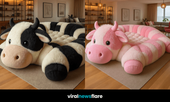 A collage of four oversized cow plush sofas in brown, purple, pink, and black colourways placed in stylish living rooms.