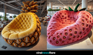 A collection of plush, fruit-shaped sofas, including banana, strawberry, kiwi, pineapple, and watermelon designs, in a stylish showroom setting.