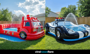 A collection of inflatable pools shaped like emergency vehicles, including a fire truck, police car, ambulance, and lifeboat.