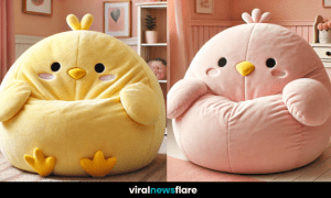 Soft, plush bird-shaped bean bag in a pastel-toned cosy room.