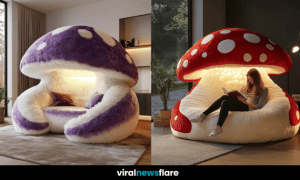Plush mushroom pod chair with built-in lighting, creating a warm and whimsical reading nook.