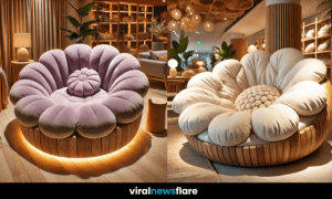 Elegant flower-shaped sofa with plush cushions and wooden base in a warm, well-lit living space.