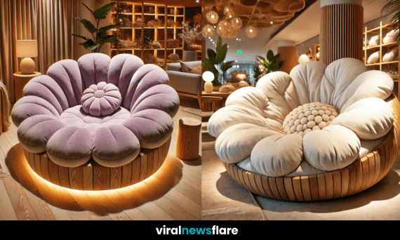 Elegant flower-shaped sofa with plush cushions and wooden base in a warm, well-lit living space.