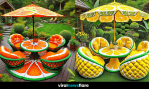A vibrant fruit-themed garden furniture set featuring various tropical fruit designs, perfect for an outdoor paradise.