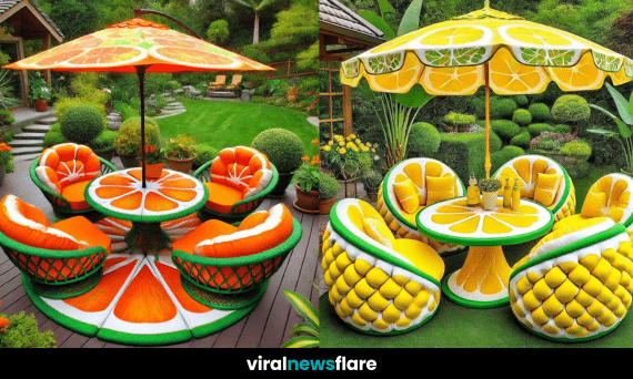 A vibrant fruit-themed garden furniture set featuring various tropical fruit designs, perfect for an outdoor paradise.