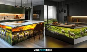 A stunning illuminated kitchen island featuring a backlit countryside landscape with sheep and rolling meadows.