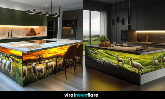 A stunning illuminated kitchen island featuring a backlit countryside landscape with sheep and rolling meadows.