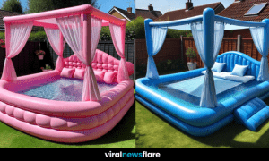 A stylish inflatable canopy pool with plush seating and curtains, set in a lush green garden.