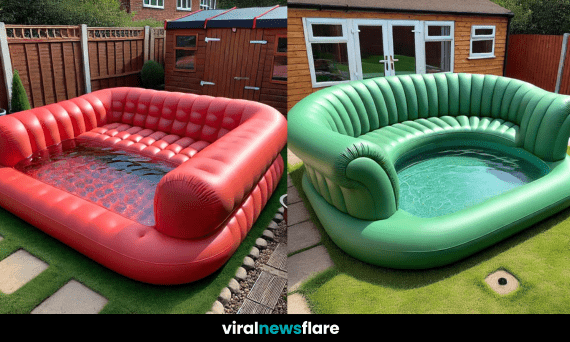 A luxurious green inflatable sofa pool set in a beautifully landscaped garden