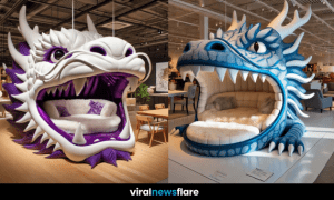 A collection of dragon-inspired luxury beds in various colours and styles, displayed in a modern furniture showroom.