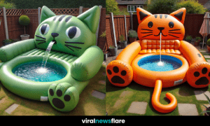A fun and colourful inflatable cat-shaped pool set up in a garden, perfect for summer relaxation.