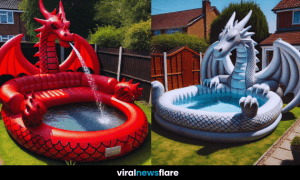 A collection of stunning inflatable dragon pools in various colours, set in beautiful backyard gardens.