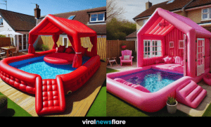 Inflatable pool house with stylish pink design, featuring a built-in lounge area and pool in a backyard setting.