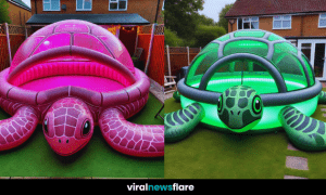 A large inflatable turtle pool with LED lights glowing in a backyard setting at dusk.