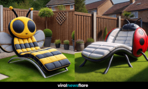 A collection of creative bug-inspired loungers, including a snail, bumblebee, grasshopper, and ladybird, set in a lush garden.