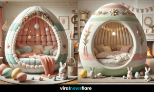 A cosy, pastel-toned egg-shaped bed with Easter decorations, plush cushions, and soft lighting.