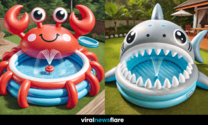 Three inflatable animal-themed paddling pools featuring a shark, turtle, and crab in a sunny garden.