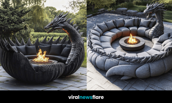 A luxurious dragon-themed fire pit lounge with intricate detailing, deep cushioned seating, and a glowing fire pit.