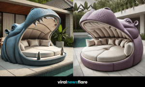 A luxury hippo-shaped outdoor lounger with plush seating, set by a poolside.