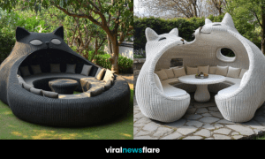 Elegant cat-shaped wicker furniture with plush cushions in a beautiful garden setting.
