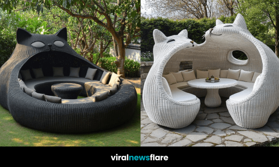 Elegant cat-shaped wicker furniture with plush cushions in a beautiful garden setting.
