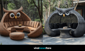 Stunning owl-shaped rattan outdoor furniture set featuring plush seating and a matching table in a lush garden setting.