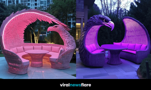 A stunning eagle-shaped outdoor seating arrangement with ambient LED lighting, featuring intricate rattan craftsmanship and plush cushions.