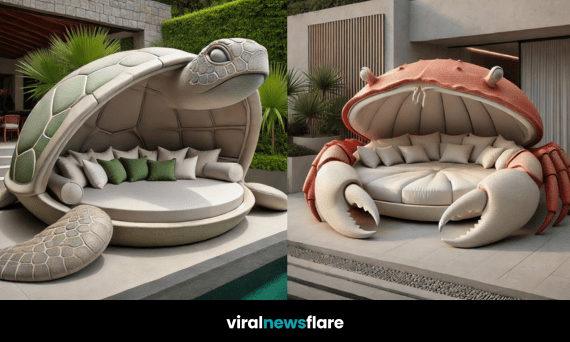 A stunning collection of luxury animal-inspired outdoor sofas, including a shark, turtle, whale, and crab designs.