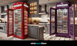 A beautifully designed kitchen featuring a red telephone booth fridge with glass doors and ample storage space.