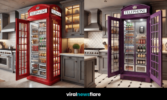A beautifully designed kitchen featuring a red telephone booth fridge with glass doors and ample storage space.