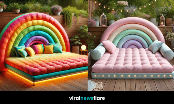 A luxurious pastel rainbow bed with plush cushions, surrounded by greenery and fairy lights in a garden setting