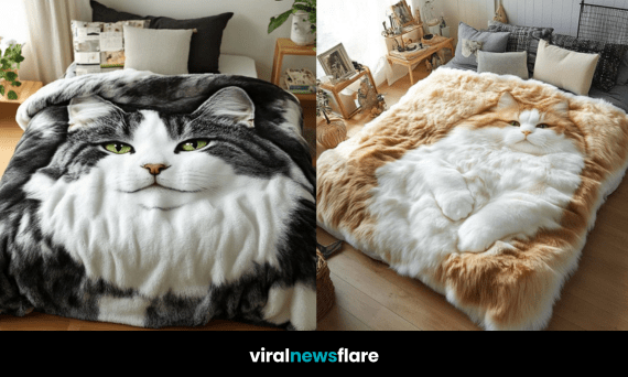 A luxurious bed with a fluffy giant cat blanket featuring a realistic cat face, creating a cosy and inviting look.