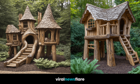 A whimsical wooden treehouse with rustic details nestled among trees in a lush forest.