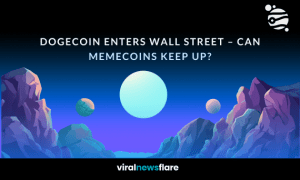 Futuristic digital landscape with planets, featuring text: 'Dogecoin Enters Wall Street – Can Memecoins Keep Up?' by Viral News Flare.