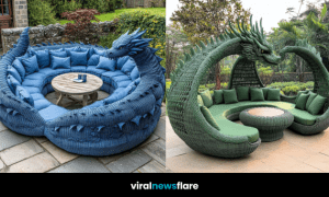A stunning blue dragon wicker sofa with plush cushions in a stone patio setting.