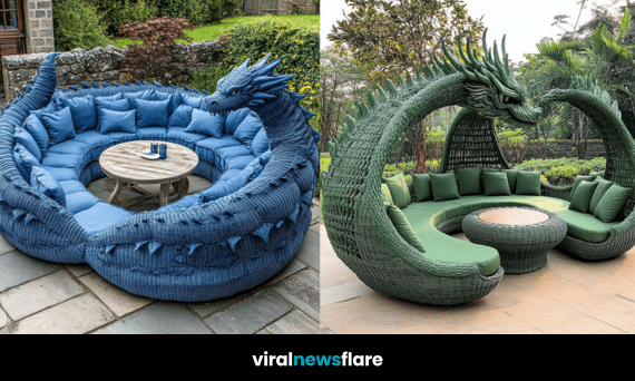 A stunning blue dragon wicker sofa with plush cushions in a stone patio setting.