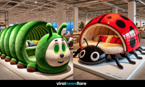 A collection of whimsical insect-themed loungers featuring ladybirds, snails, bumblebees, caterpillars, and grasshoppers in a modern showroom.