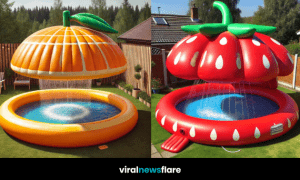 A vibrant fruit-themed inflatable pool in a lush garden setting