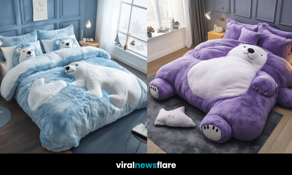 Luxurious polar bear-themed bedding set with plush textures in a cosy, winter-inspired bedroom setting.